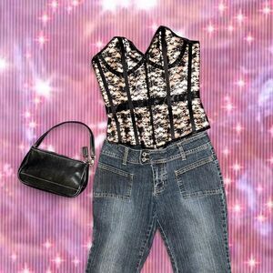 Be Wicked Women's Black Lace and Nude Satin Lace Up Zip Up Corset